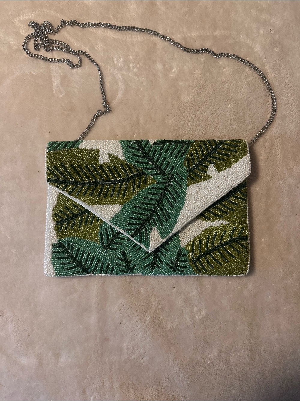 Beaded Leaf-Pattern Envelope Clutch in Green and White with Chain